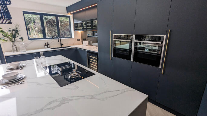 Blue Kitchen Inspiration: Matt Indigo Blue and Smoked Glass wall cabinets