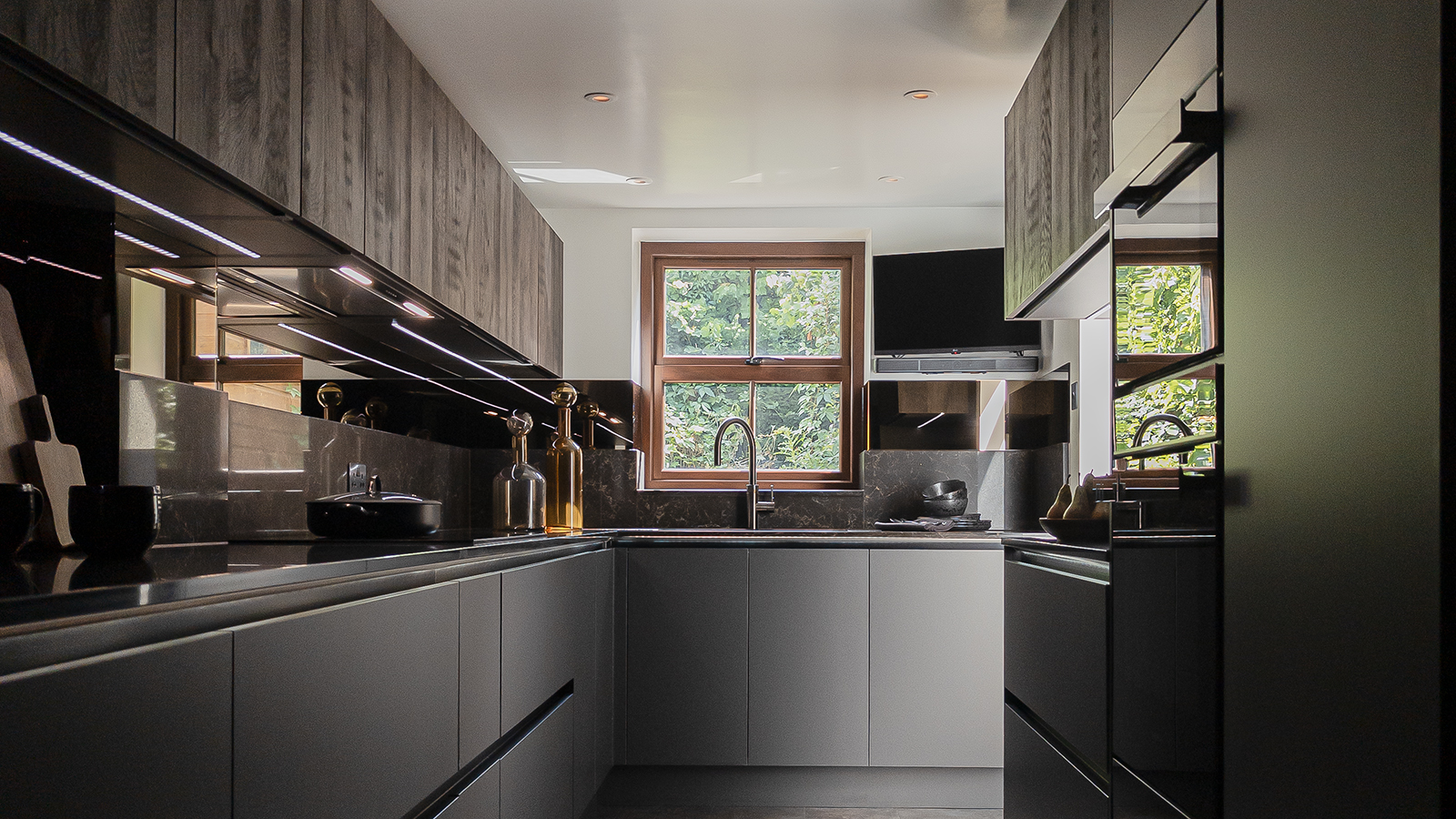Metallic Grey and Oak Galley Kitchen in Walthamstow